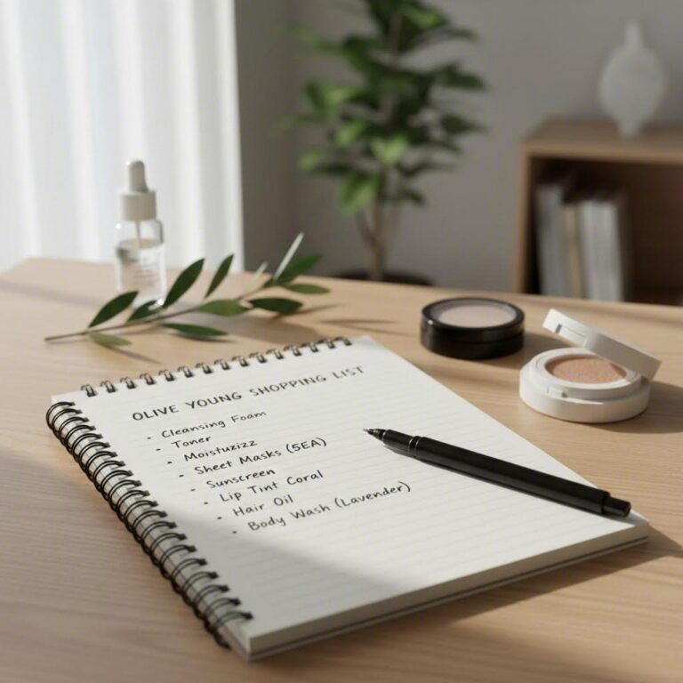 노트와 펜으로 작성된 올리브영 구매 예정 상품 목록