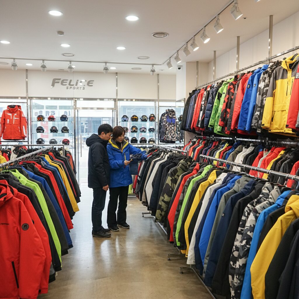 펠리체몰 내부의 다양한 색상과 스타일의 스키복 보드복이 진열되어 있는 모습