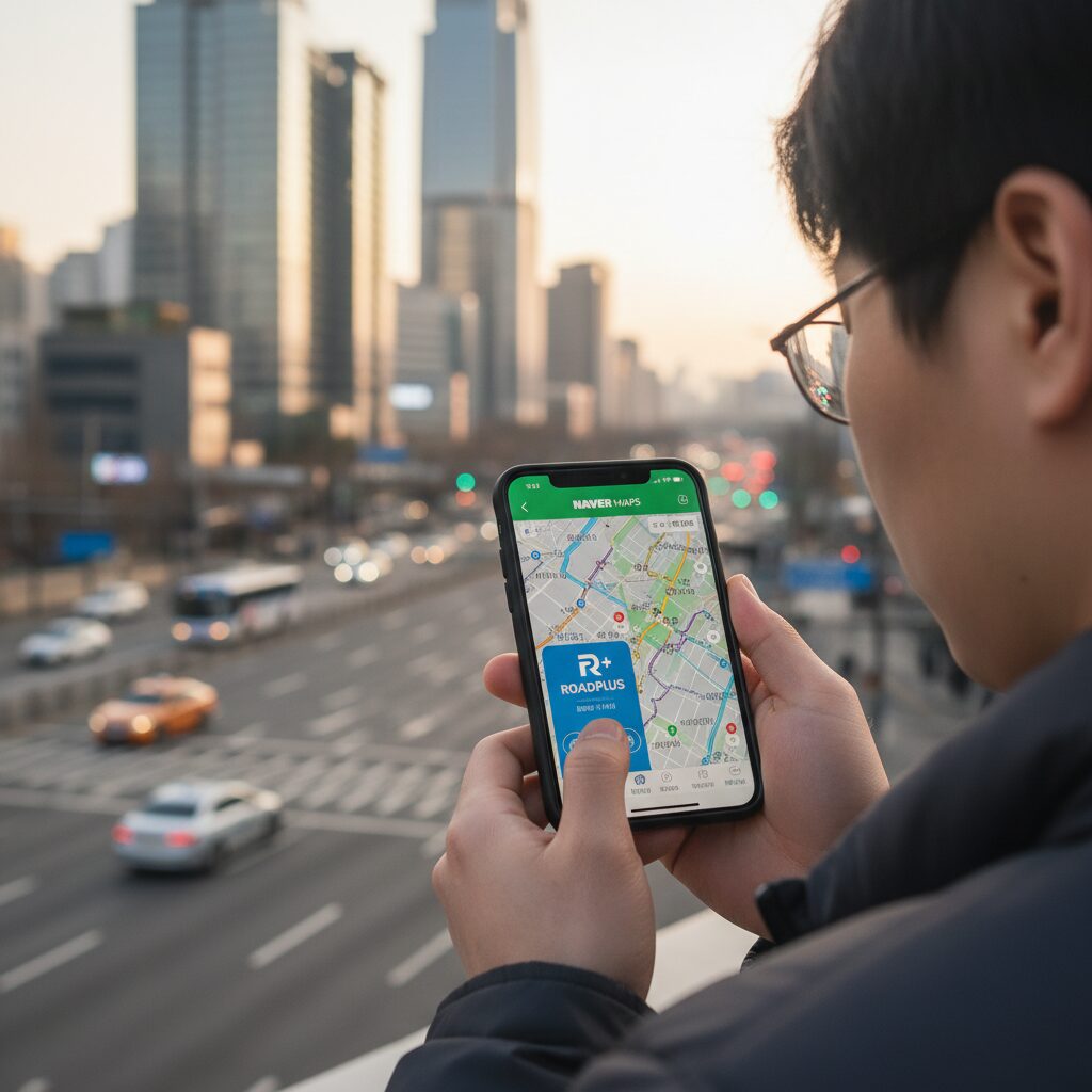 스마트폰으로 실시간 교통정보를 확인하는 모습, 로드플러스 앱과 네이버 지도 활용