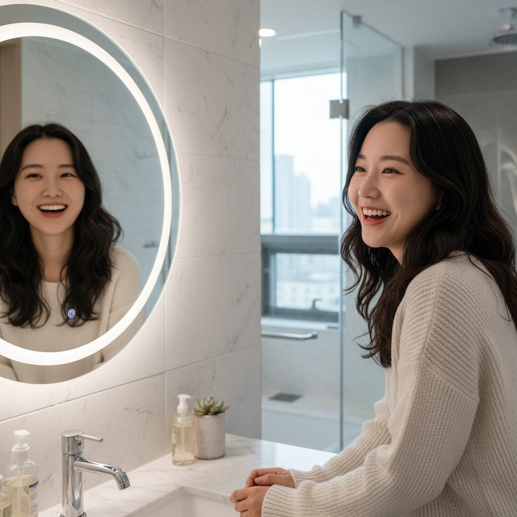 밝게 웃으며 거울을 보는 여성
