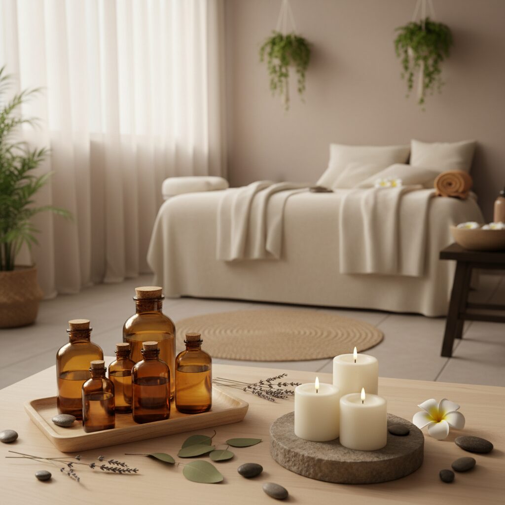 아로마 오일과 양초가 놓인 편안한 스파 공간