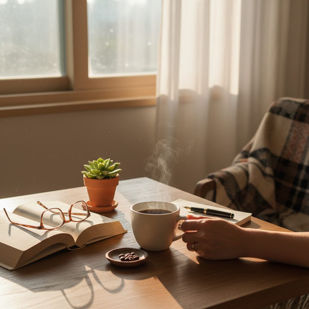 아침에 책과 커피가 놓인 소품, 작은 습관 시작하기