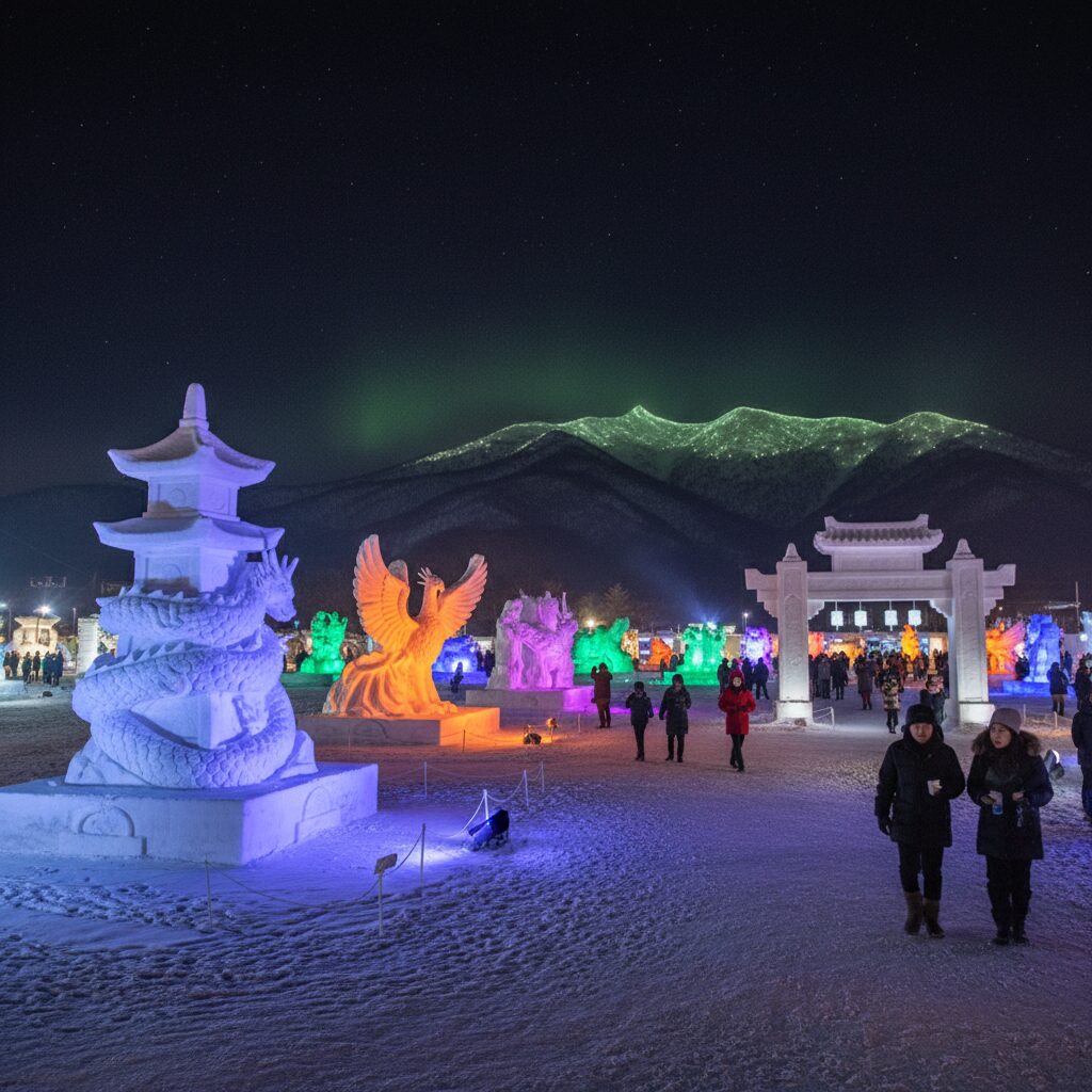 태백산 눈축제 야간 조명을 받은 눈조각 예술 작품들