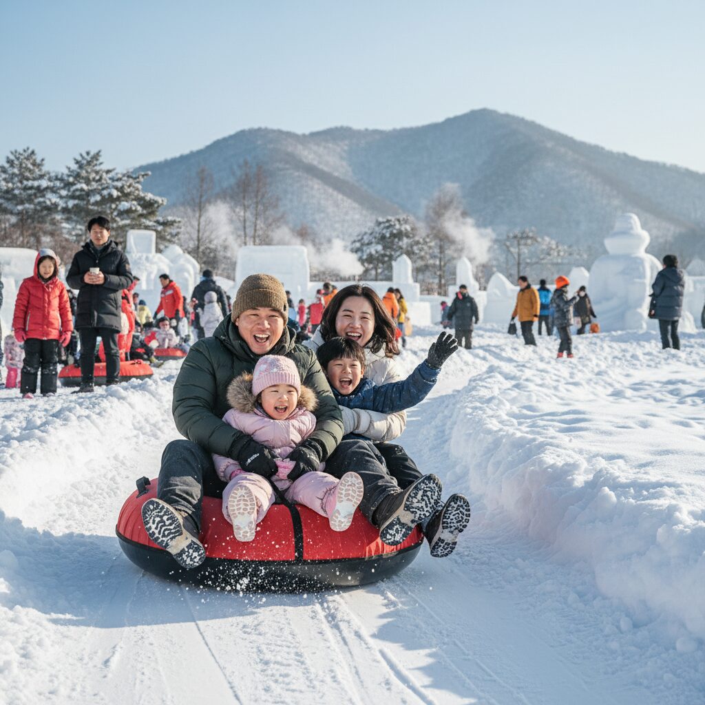 태백 눈축제에서 가족이 함께 눈썰매를 타고 있는 모습