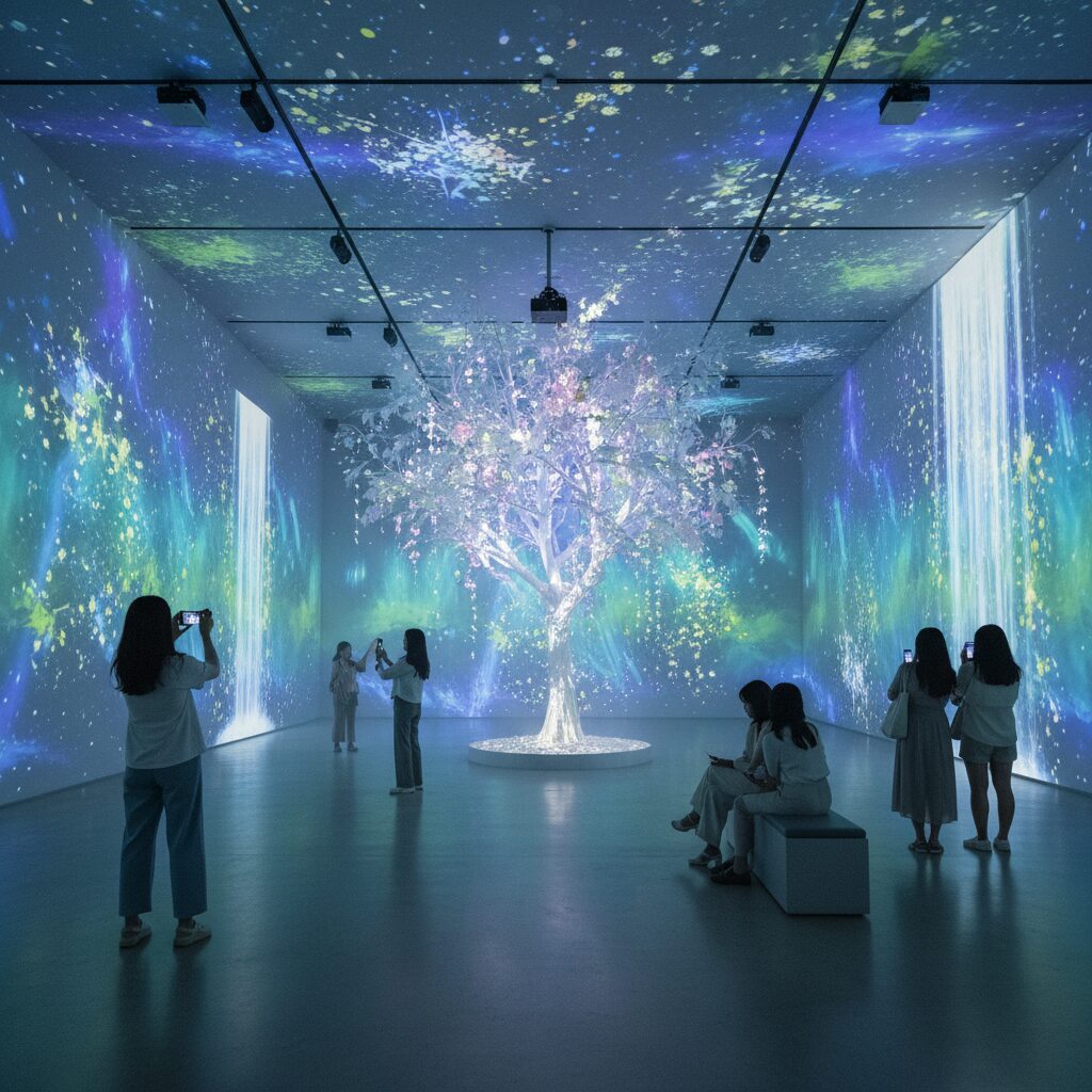 김포 더닐라이 카페 미디어 아트 룸 내부 트리와 영상 장식