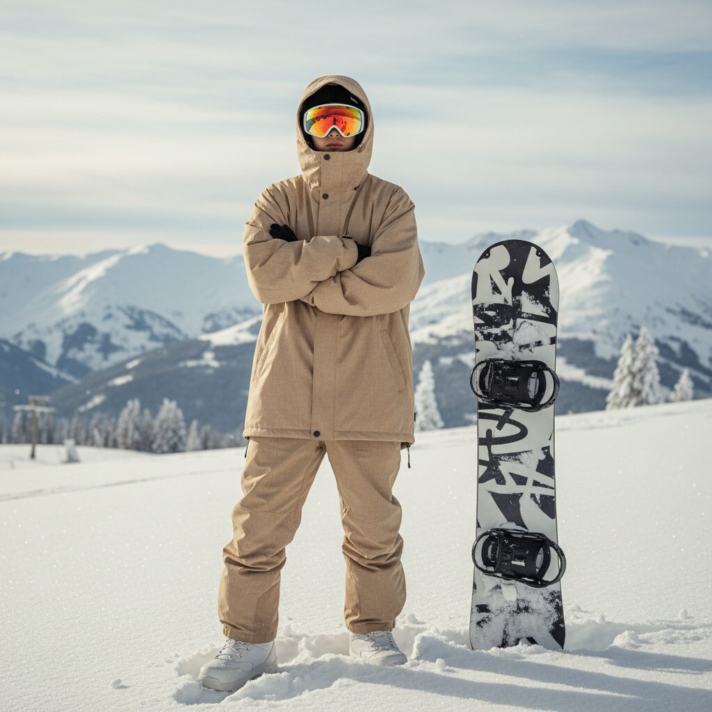 베이지톤 오버사이즈 보드복을 입은 사람이 설원에서 포즈를 취하고 있는 스타일 샷