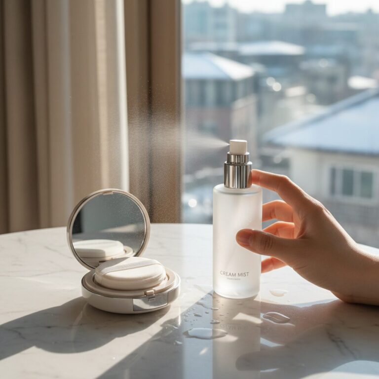 겨울쿨톤 베이스 메이크업에 사용된 크림 미스트와 쿠션