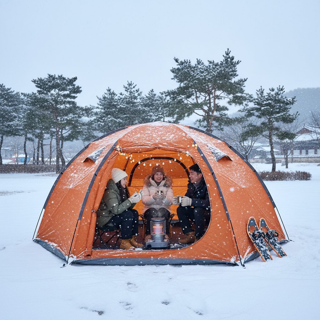눈이 내리는 야외에서 방한 텐트가 설치되어 있고 사람들이 안에서 이야기하는 모습