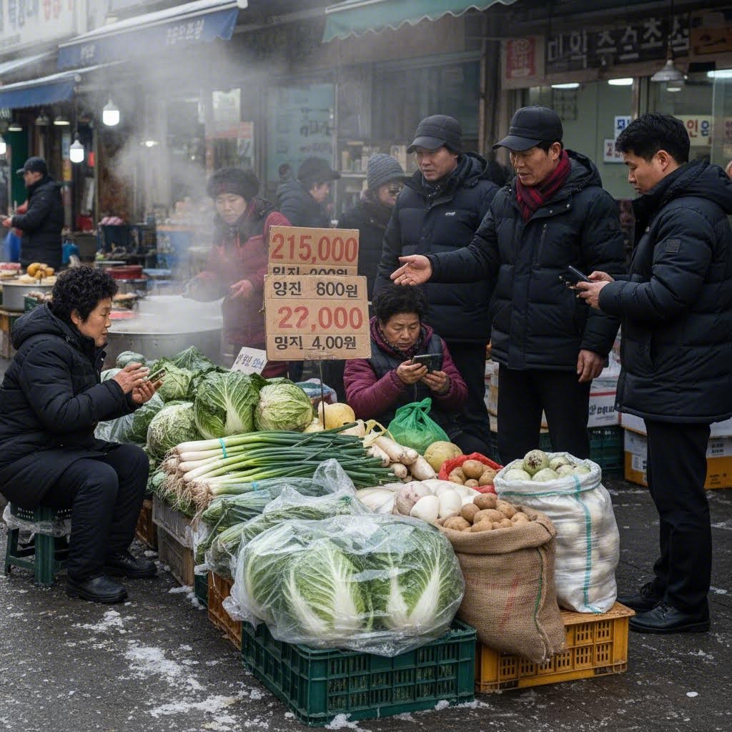 겨울 한파로 인한 시장 채소 가격 변동 현장