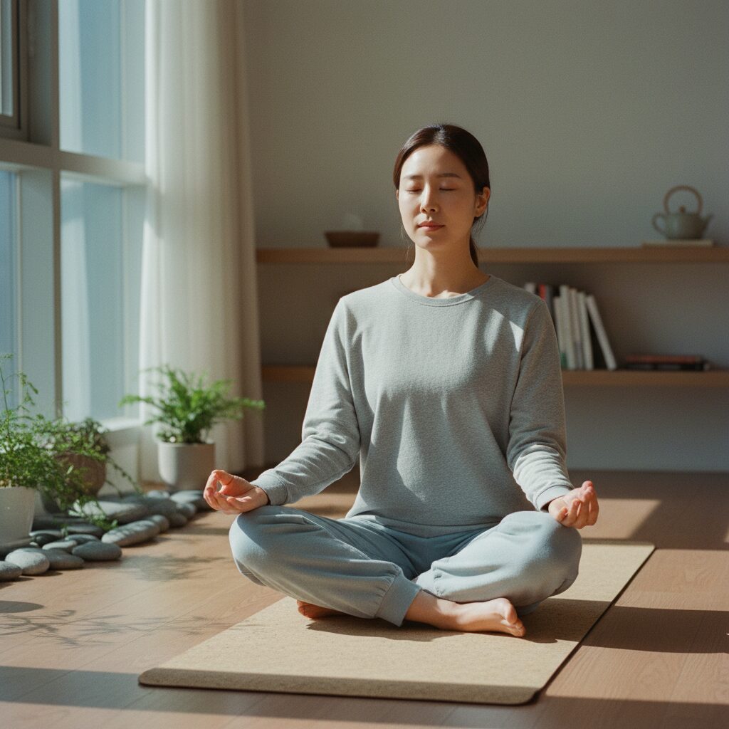 요가 매트 위에서 명상 자세를 취하고 있는 여성