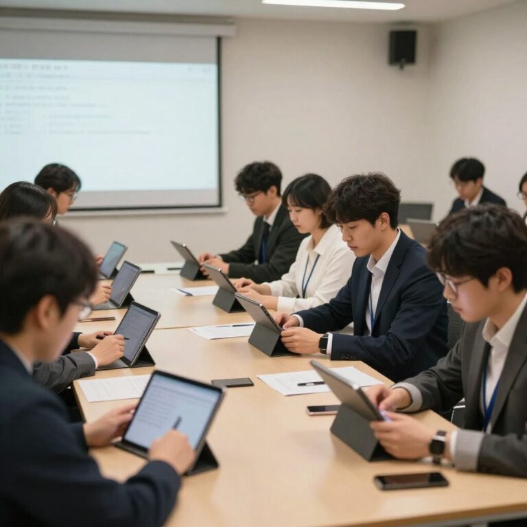 AI를 활용한 기업 교육 워크숍에서 참여자들이 팀별로 협업하며 태블릿을 사용하는 모습