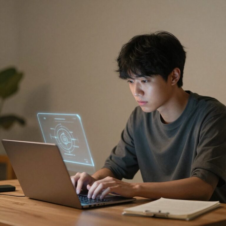 노트북으로 온라인 강의를 듣고 있는 사람의 모습