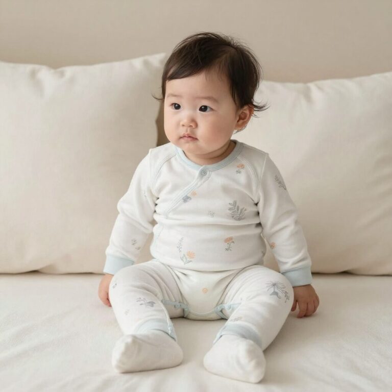 아기가 편안하게 누워 있는 봄 실내복 배앓이방지 레깅스