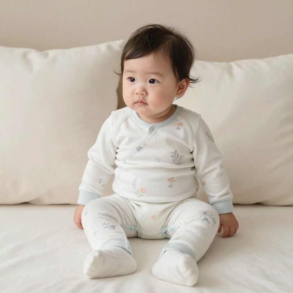 아기가 편안하게 누워 있는 봄 실내복 배앓이방지 레깅스