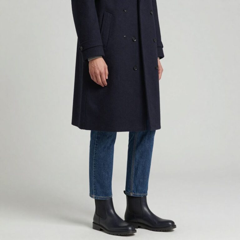남자가 네이비 발마칸 코트를 입고 데님 팬츠와 첼시 부츠를 코디한 모습