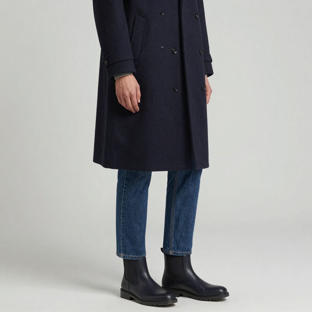 남자가 네이비 발마칸 코트를 입고 데님 팬츠와 첼시 부츠를 코디한 모습