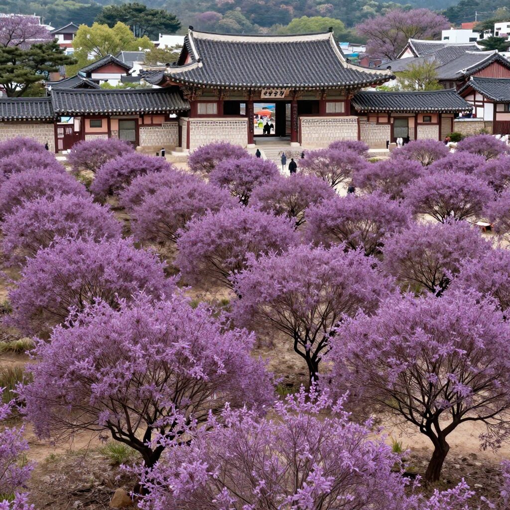 5월에 만개한 보랏빛 등나무 군락지와 범어사 일주문 풍경