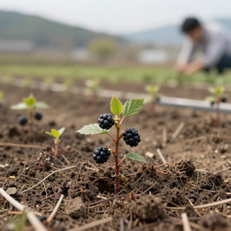 봄 농장에 심어진 블랙베리 묘목과 자라나는 새싹들