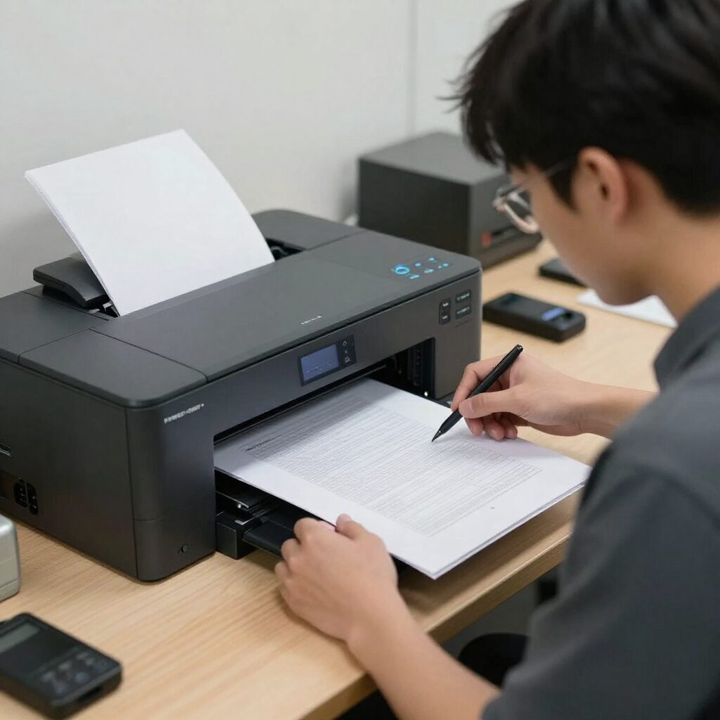 디지털 고속 프린터로 제본 작업 중인 모습