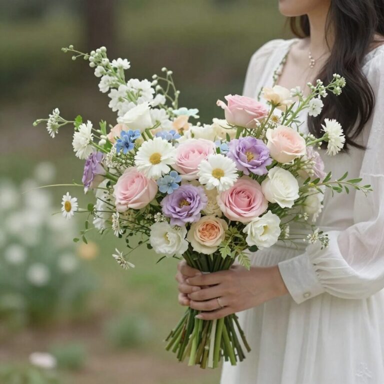 내츄럴 가든, 로맨틱 파스텔, 클래식 포인트 세 가지 스타일의 3월 웨딩 부케 예시