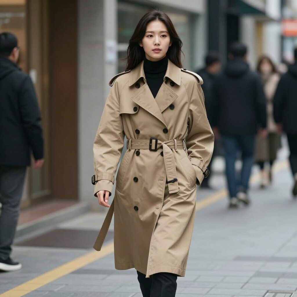 버버리 캠든 카코트 트렌치코트를 입은 여성이 도시 거리를 걸어가고 있다