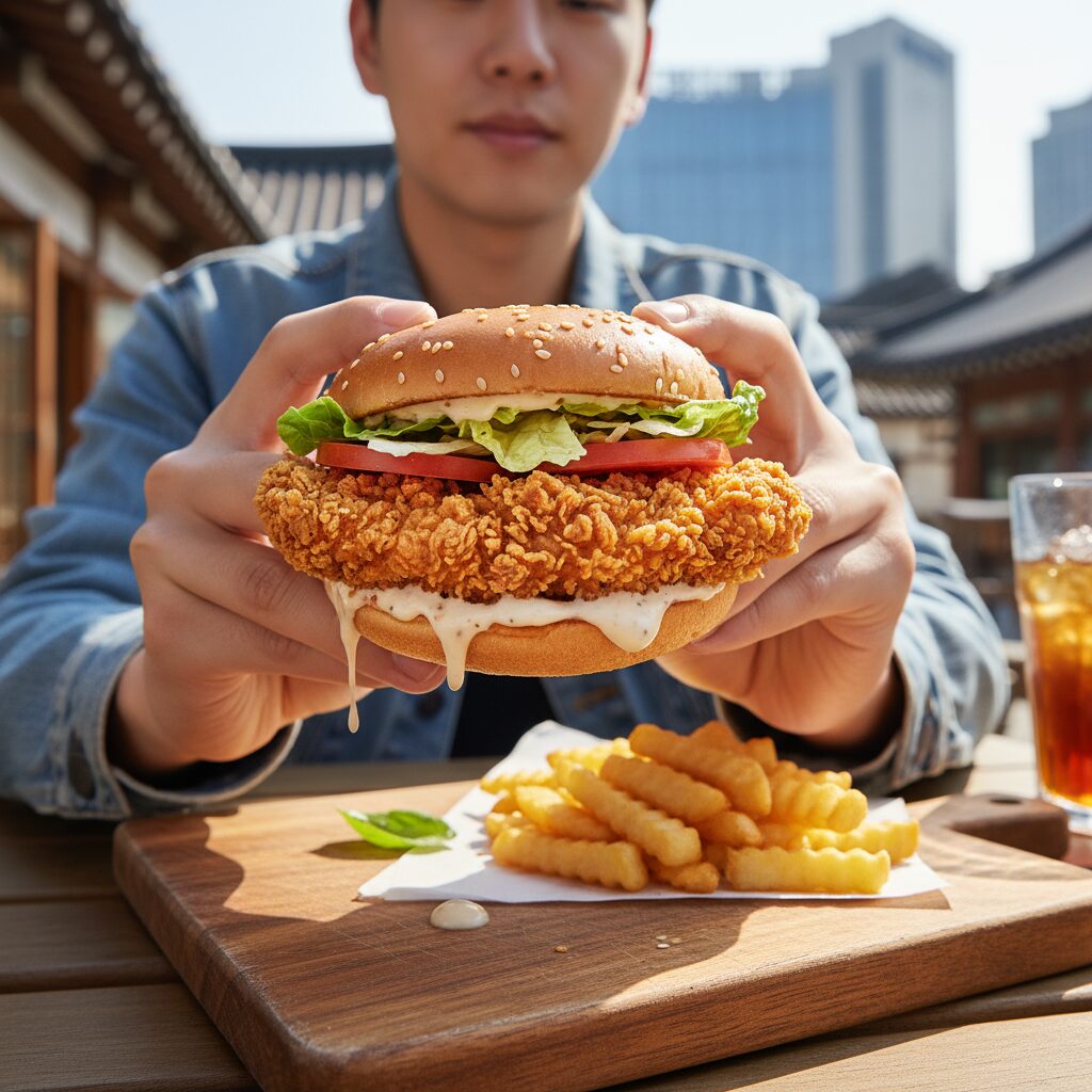 버거킹 신메뉴 더 크리스퍼 버거 패티의 바삭한 texture와 구성 재료