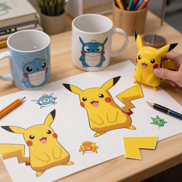 포켓몬 캐릭터가 그려진 다양한 학용품 세트가 탁자 위에 놓여 있는 모습