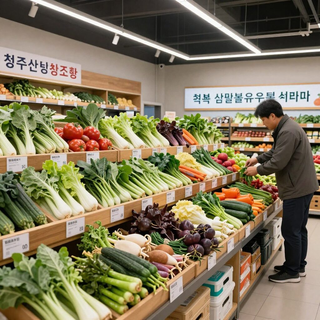 청주산림조합 임농산물유통센터 내부의 신선한 채소와 지역 먹거리가 가득 진열된 모습