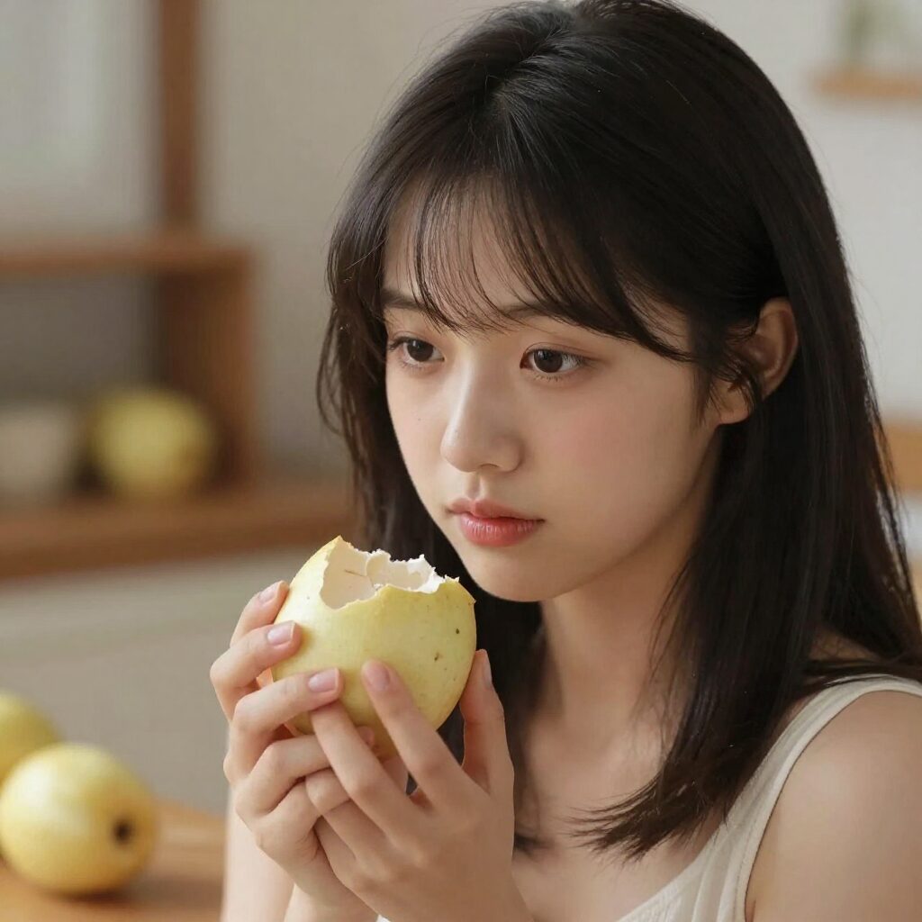 천혜향 껍질을 벗기고 있는 모습, 얇은 껍질과 신선한 과육이 보임