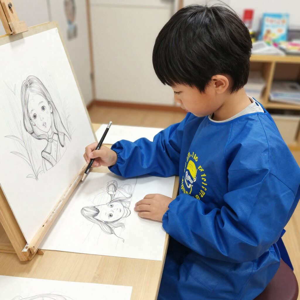 아이가 미술가운을 입고 집에서 그림을 그리고 있는 모습