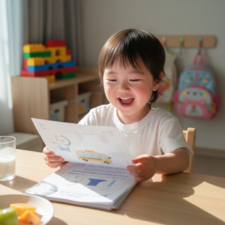 유치원 입학을 앞둔 아이가 유아학비 신청 서류를 보며 웃고 있는 모습