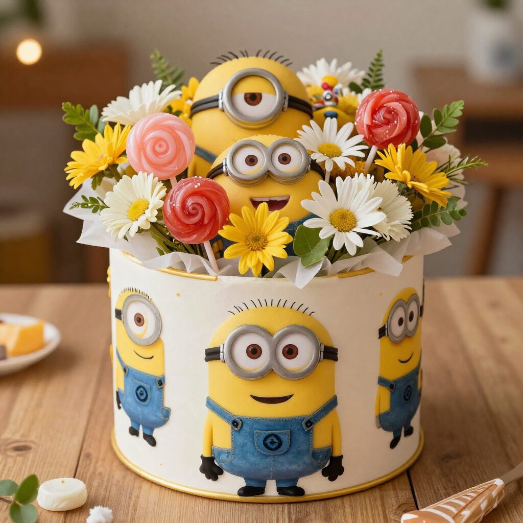 미니언즈가 그려진 추파춥스 미니메가팩 포장과 꽃다발처럼 꽂힌 미니 사탕들