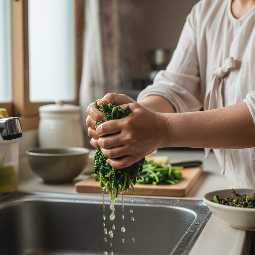 데친 취나물 물기를 짜는 모습