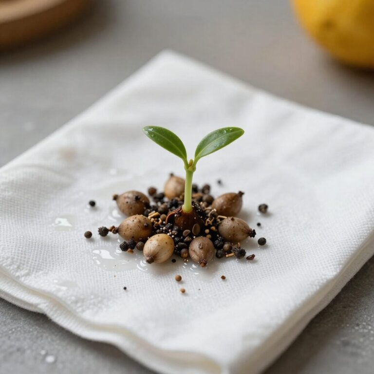 젖은 키친타월 위에 놓인 귤 씨앗과 작은 새싹