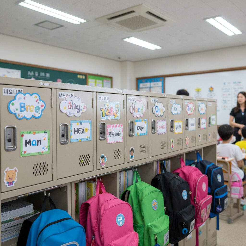 교실 내 사물함과 가방걸이에 붙여진 다양한 디자인의 이름표들