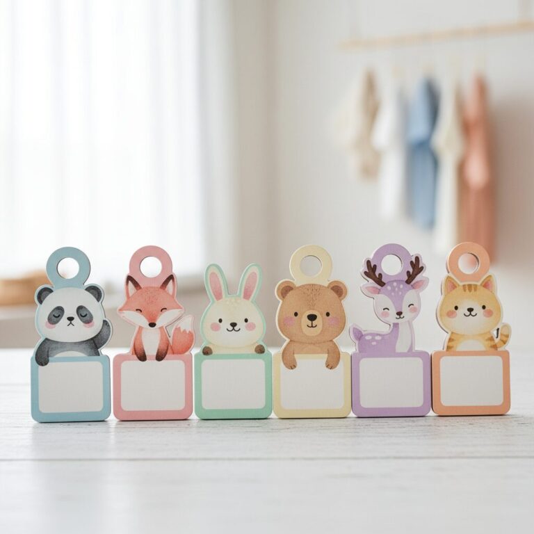동물 캐릭터가 그려진 파스텔톤 옷걸이 이름표 여섯 가지