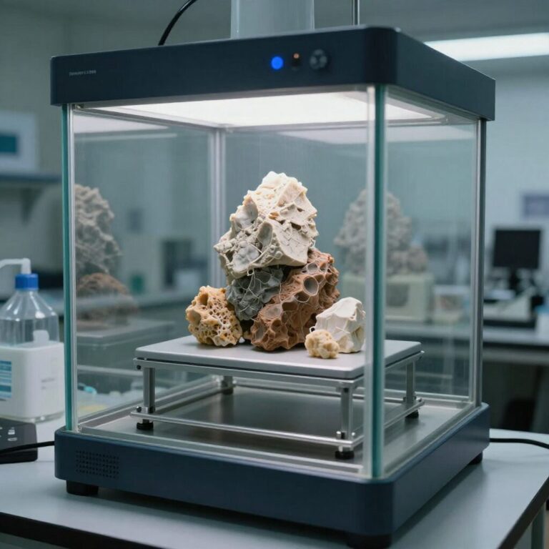 실험실 벤치에 설치된 대형 CO2 인큐베이터 내부 선반 구조가 보임