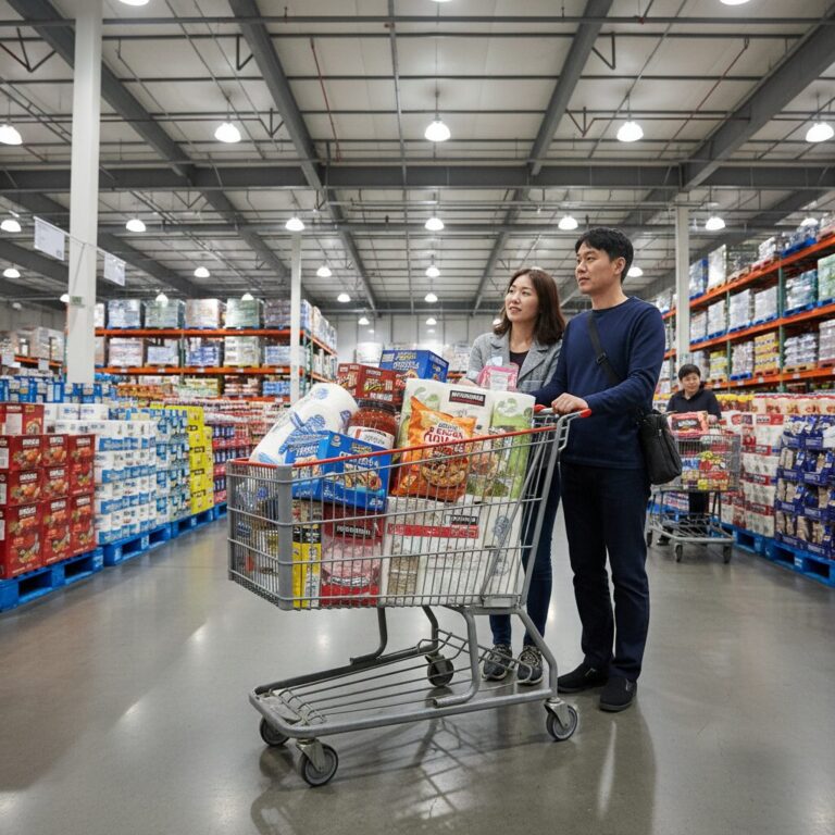 코스트코 쇼핑 카트에 담긴 다양한 대용량 상품들