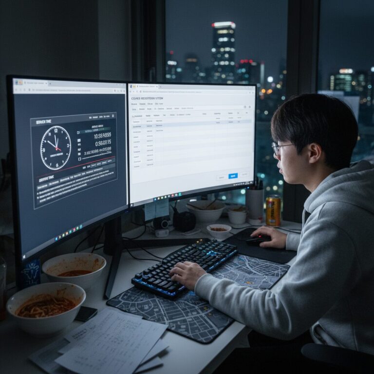 수강신청을 위한 최적의 컴퓨터 화면 배치 예시, 서버시간 창과 수강신청 창을 나란히 배치