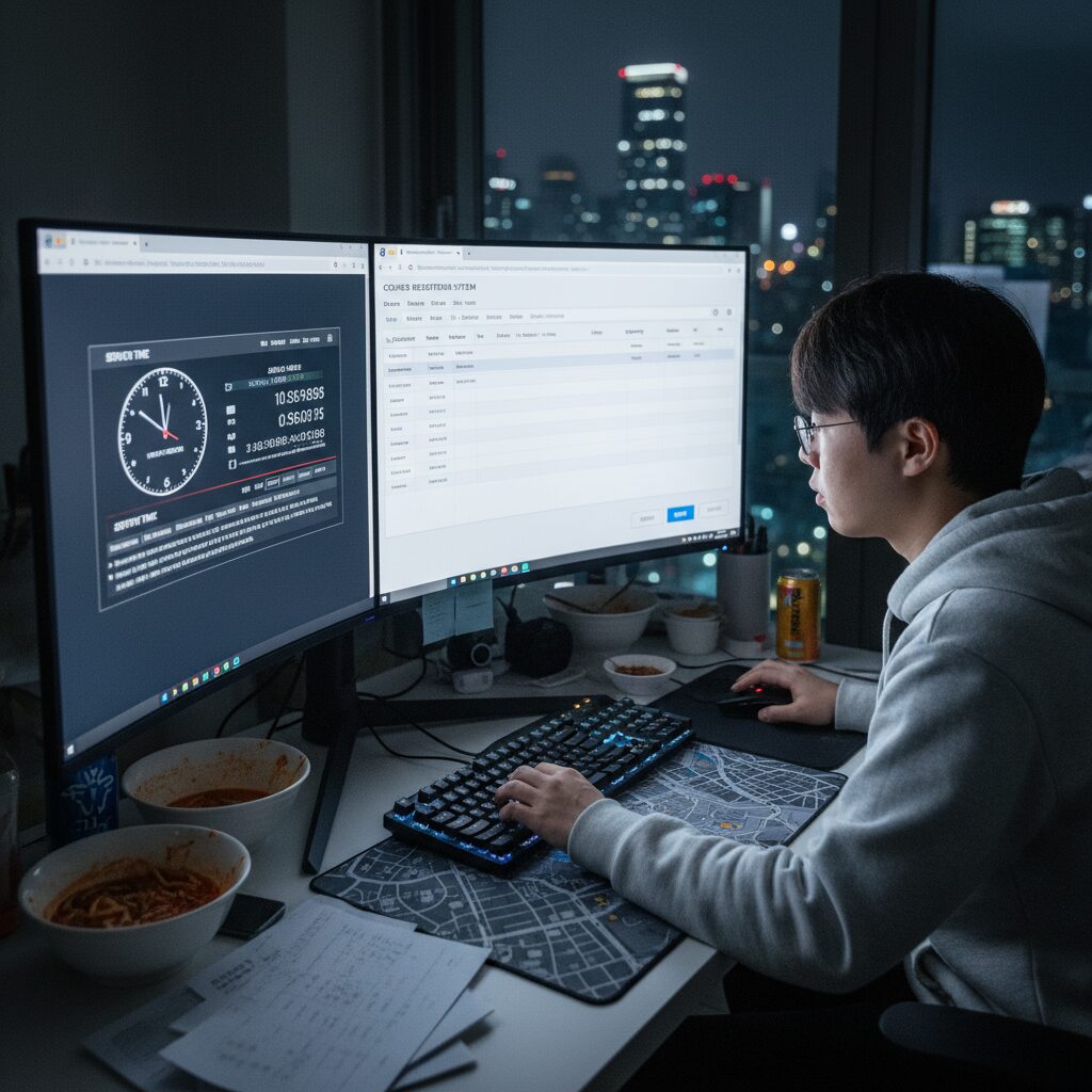 수강신청을 위한 최적의 컴퓨터 화면 배치 예시, 서버시간 창과 수강신청 창을 나란히 배치