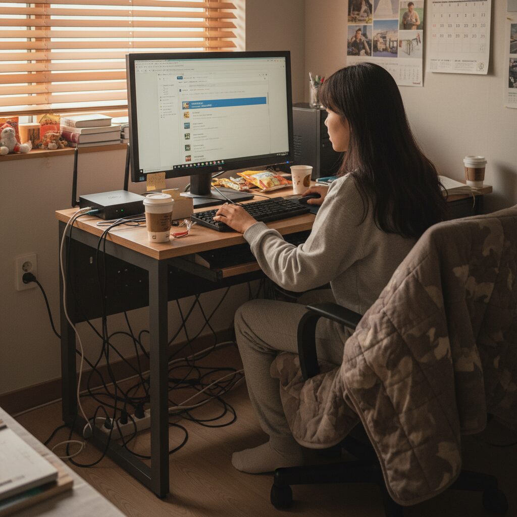 수강신청을 위해 컴퓨터와 유선 인터넷을 준비하는 모습
