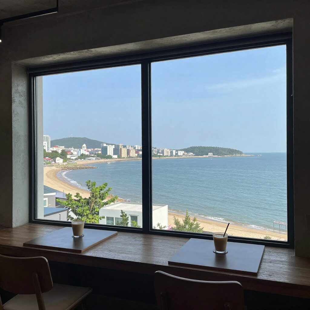 여수 따부 카페 3층 통창에서 바라본 도시와 바다가 함께 보이는 전망