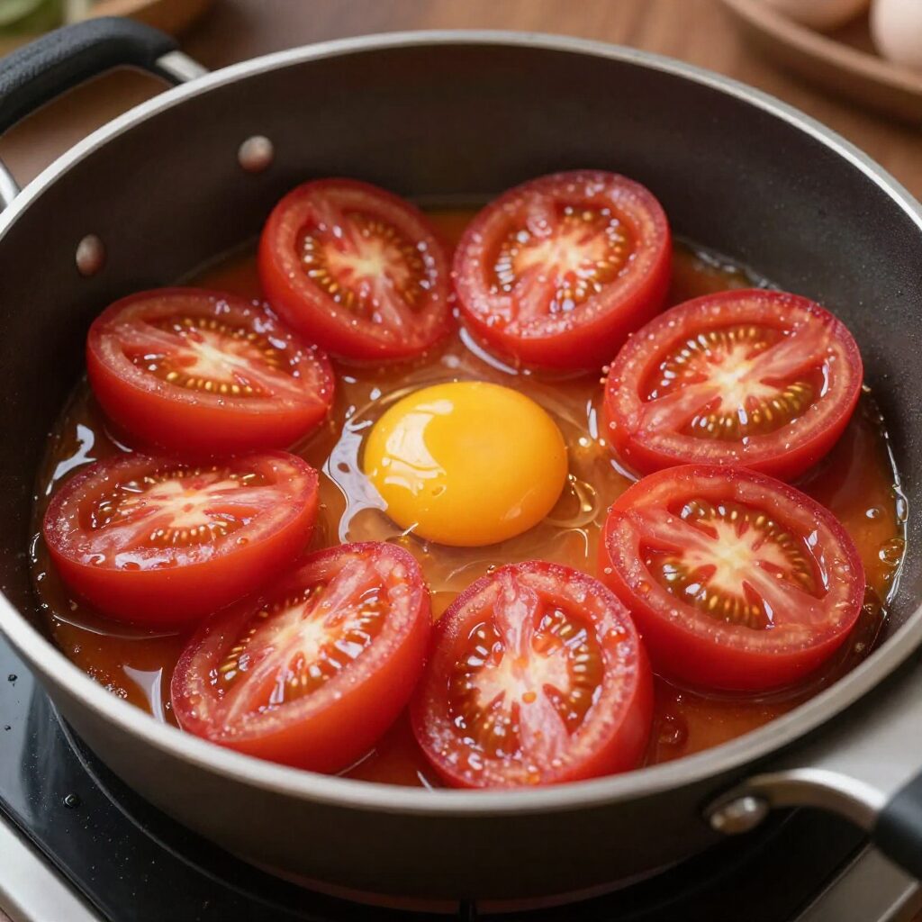 대저 토마토와 계란을 함께 볶은 요리 접시