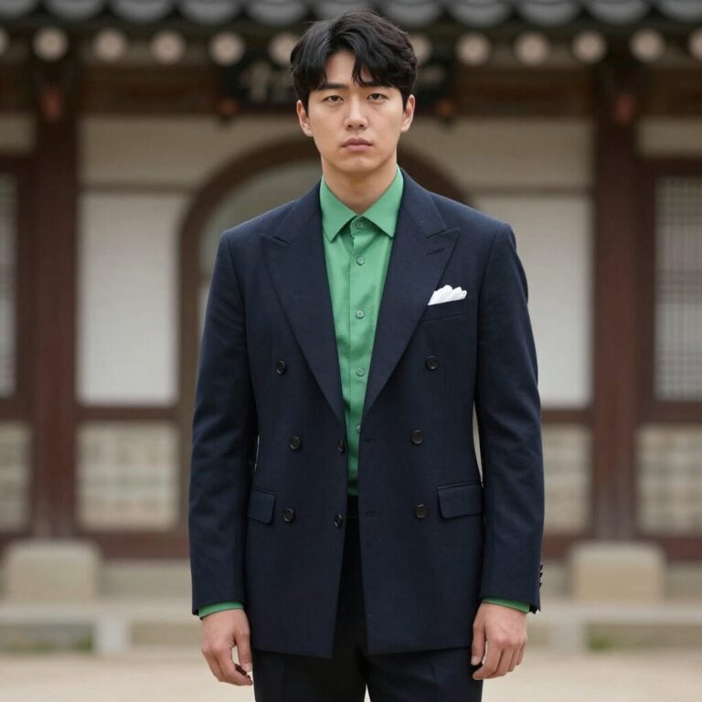 다크 네이비 더블 자켓과 라이트그린 셔츠를 매치한 정장 차림