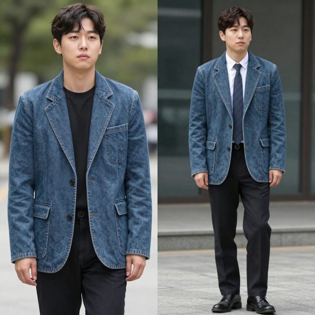 데님 블레이저와 청바지를 활용한 두 가지 스타일 비교 사진