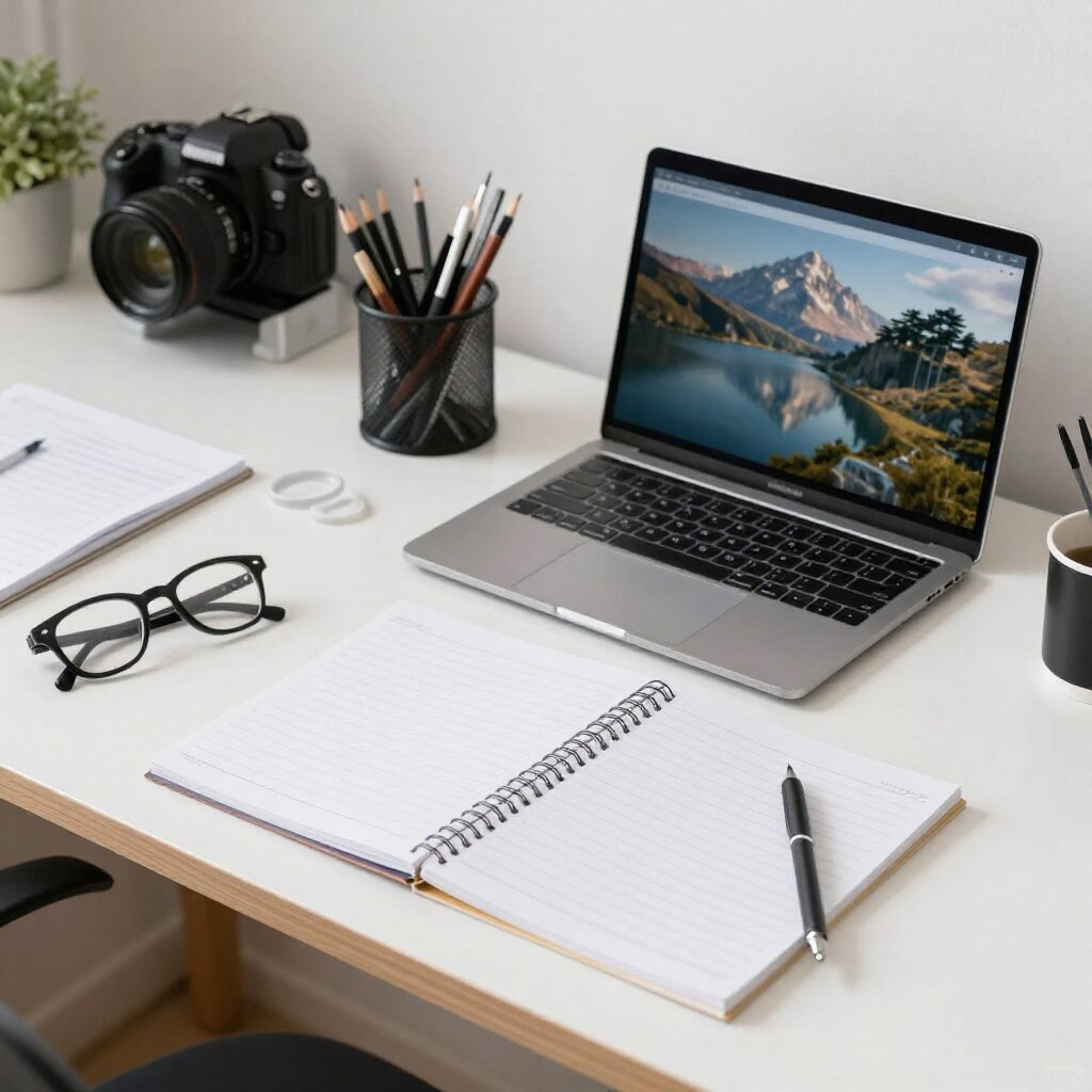 깔끔하게 정리된 데스크 필기구와 스마트 장비