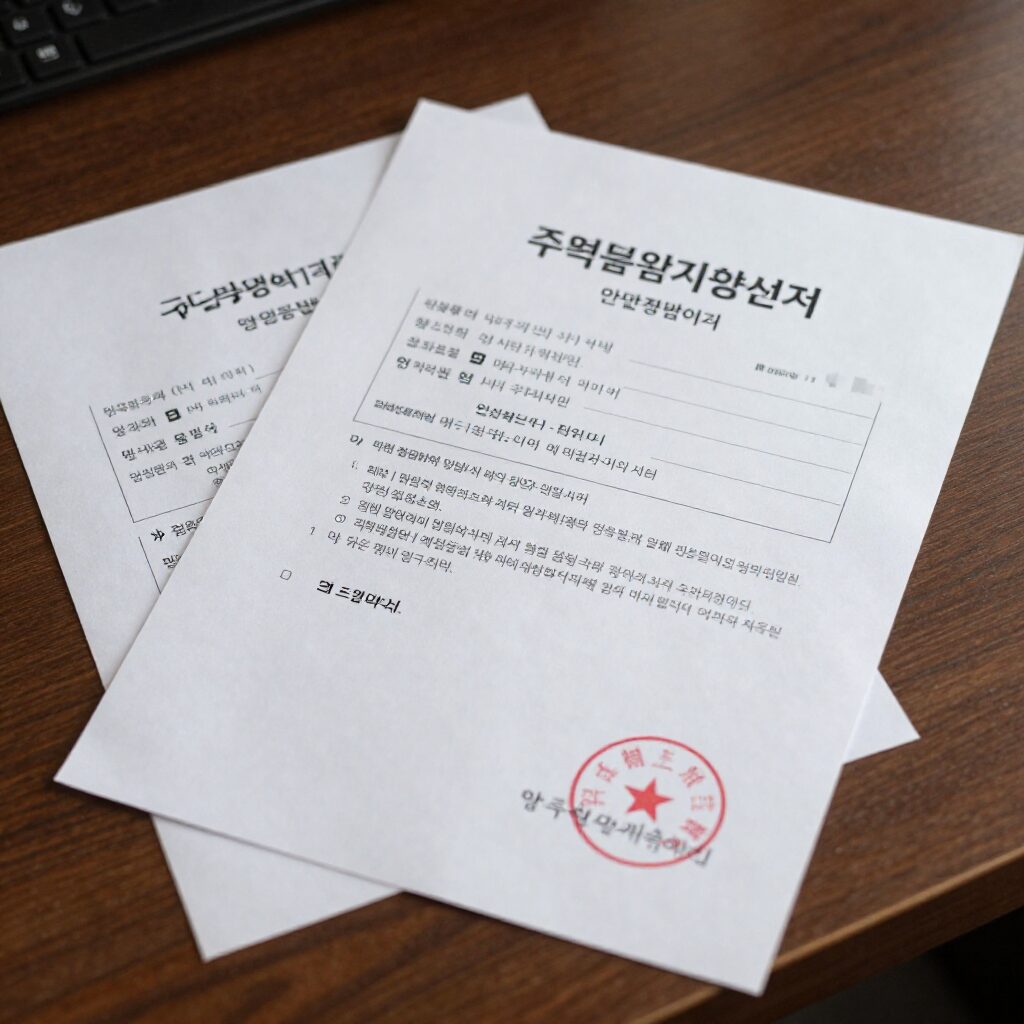 법인임원중임등기를 위해 책상 위에 정리된 서류들 주식회사변경등기신청서 중임승낙서 인감증명서 등