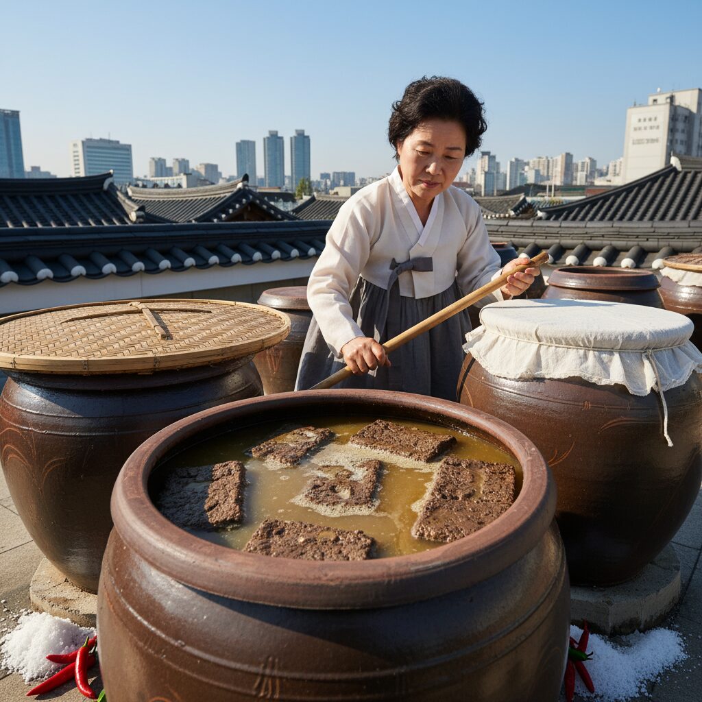 항아리에 담긴 메주와 소금물로 된장을 숙성시키는 모습