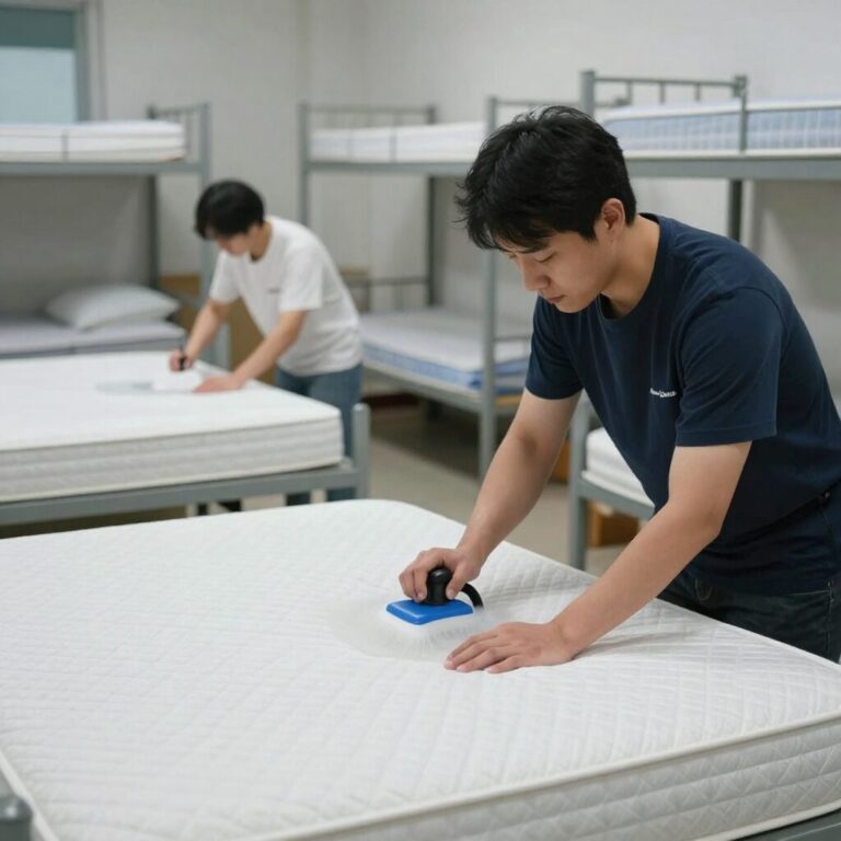 기숙사 매트리스 청소 전문 업체가 건식 청소 장비로 작업하고 있는 모습
