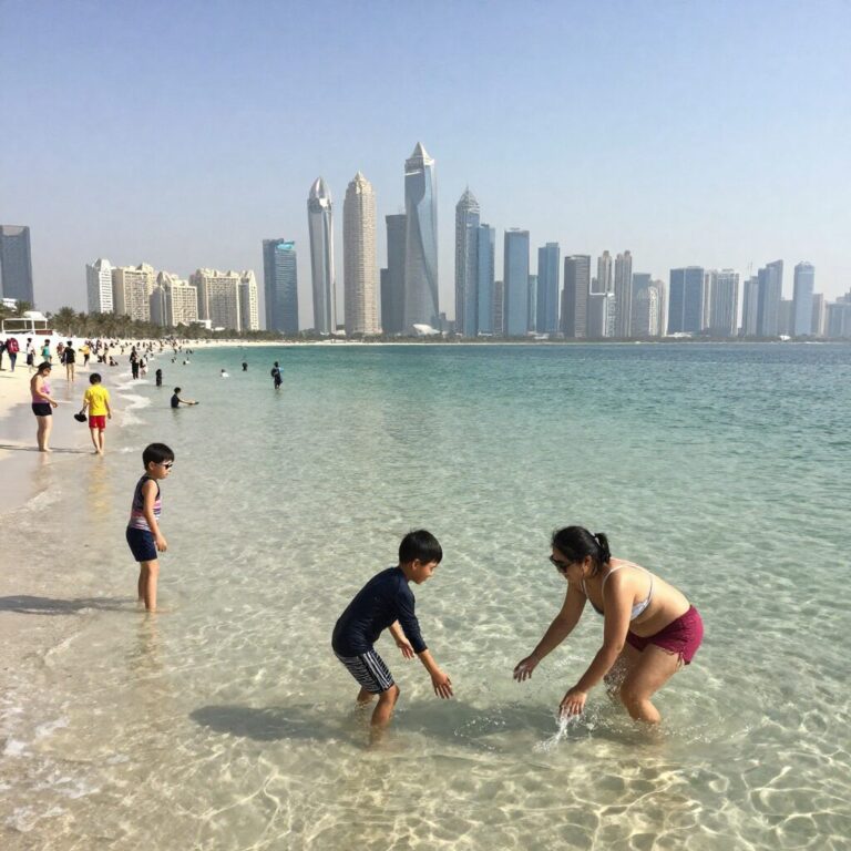 맑은 날씨의 두바이 해변가에서 물놀이를 즐기는 여행객들